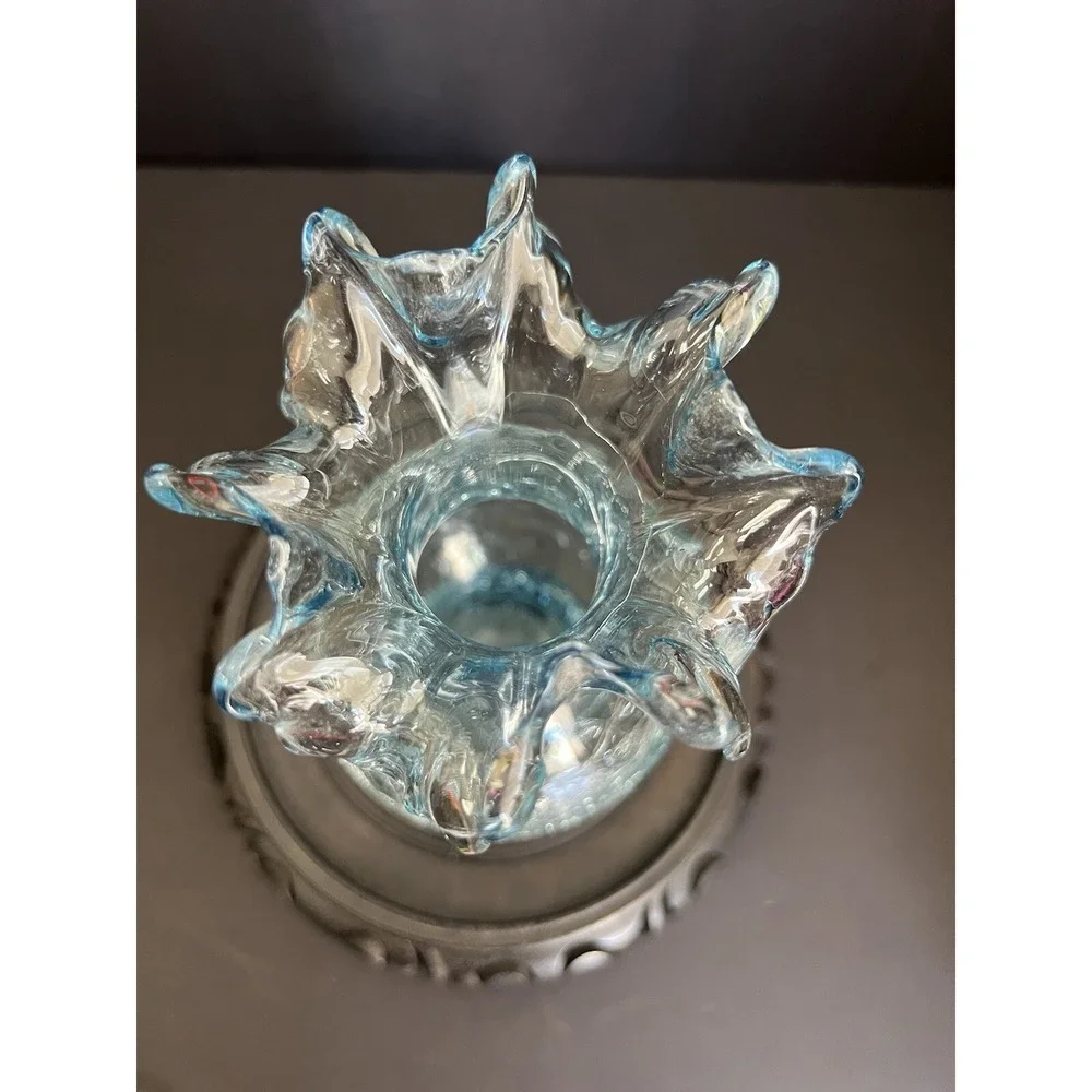 Blue Ruffle Rim Crackle‎ Blown Glass 6 1/2
